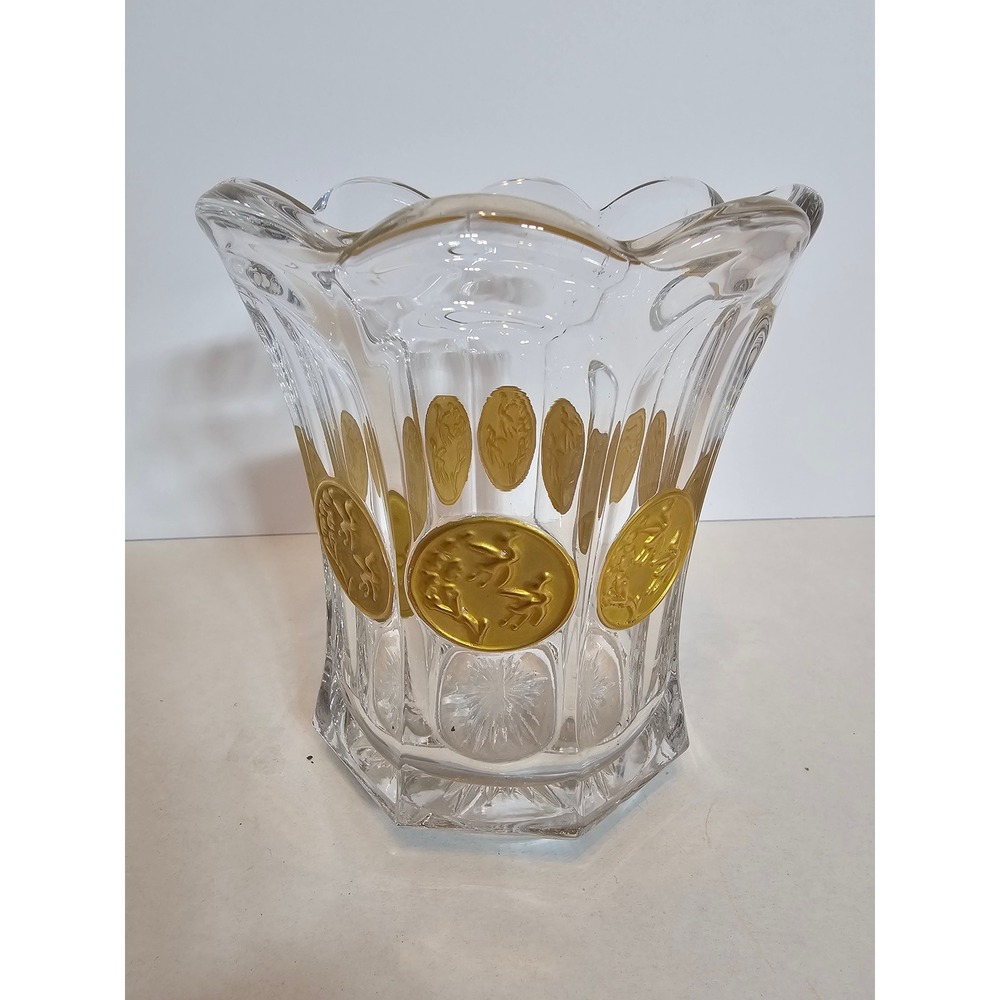 Imperial Glass Gold Medallion Crystal Vase Scalloped Rim Octagonal Base 6in